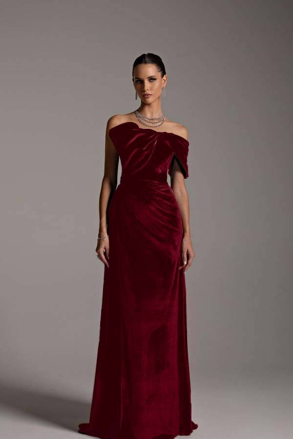 One Shoulder Strapless Sleeveless Long Mermaid Prom Dress With Pleated