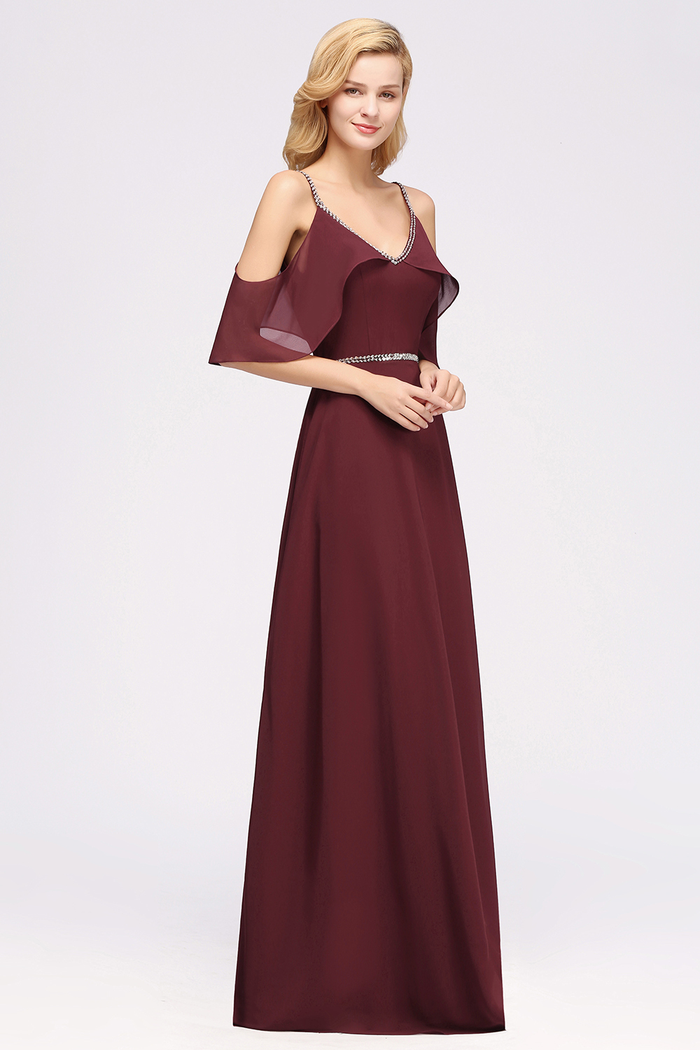 BMbridal Burgundy Cold-shoulder Long Bridesmaid Dress With Half Sleeve-BMbridal
