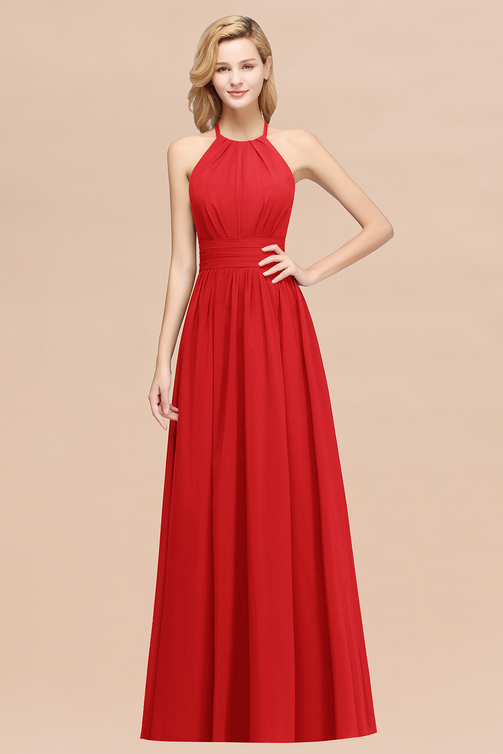 BMbridal Elegant High-Neck Halter Long Affordable Bridesmaid Dresses with Ruffles-BMbridal