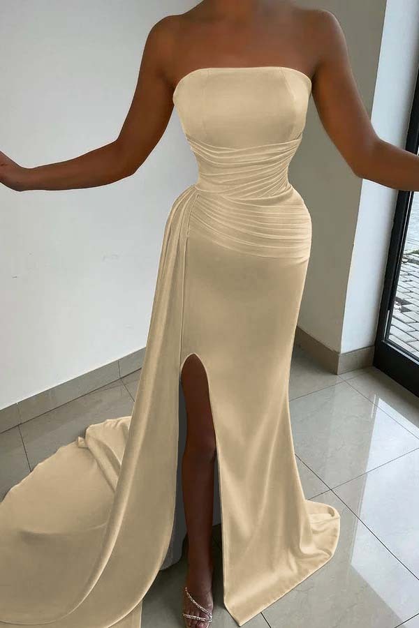 Yellow Strapless Sleeveless Ruffles Prom Dress Court With Split