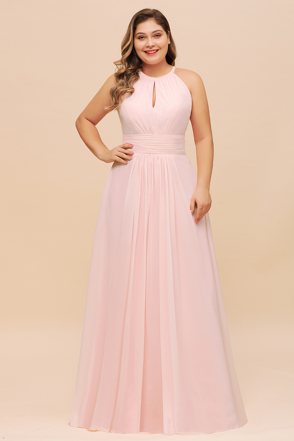 BMbridal Affordable Plus Size Chiffon Round Neck Pink Bridesmaid Dress-BMbridal