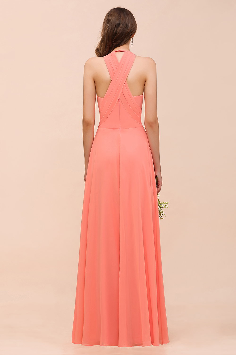 BMbridal Glamorous V-Neck Coral Chiffon Bridesmaid Dress Affordable with Ruffle-BMbridal