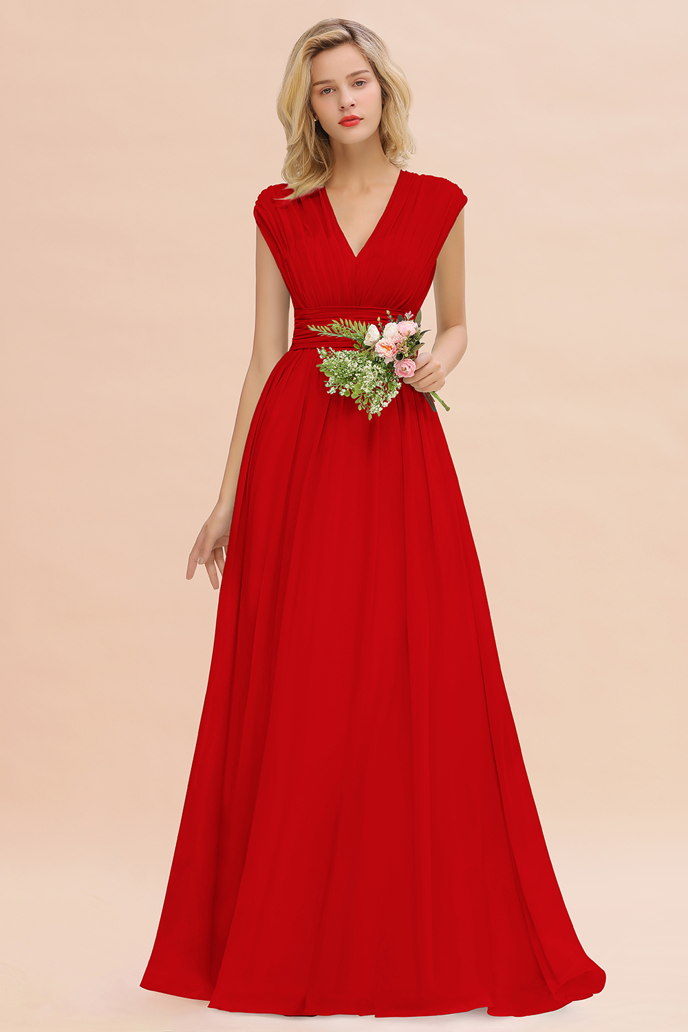 BMbridal Elegant Chiffon V-Neck Ruffle Long Bridesmaid Dresses Affordable-BMbridal