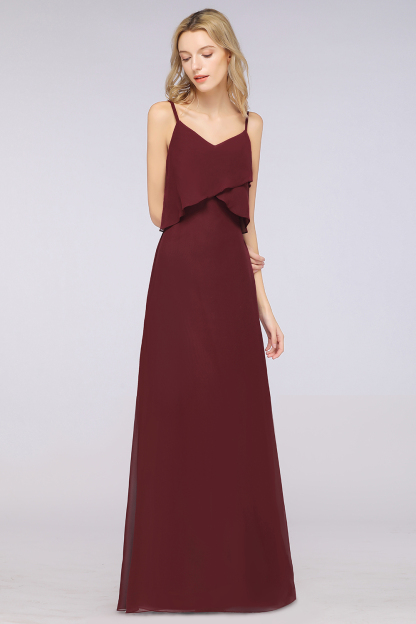 BMbridal Affordable Spaghetti-Straps V-Neck Burgundy Chiffon Bridesmaid Dresses-BMbridal