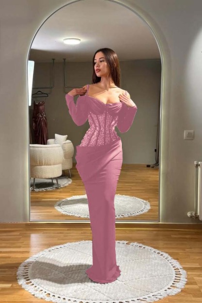 Off the Shoulder Long Sleeves Long Prom Dress With Sequins Pleated