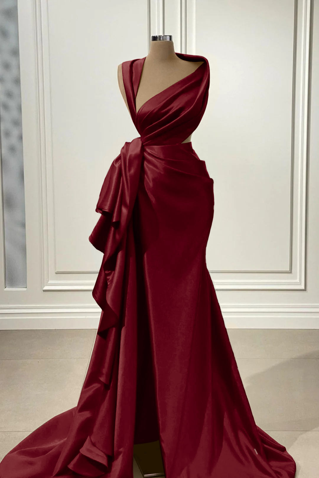 Elegant Red Charmeuse Sleeveless Long Prom Dress With High Slit