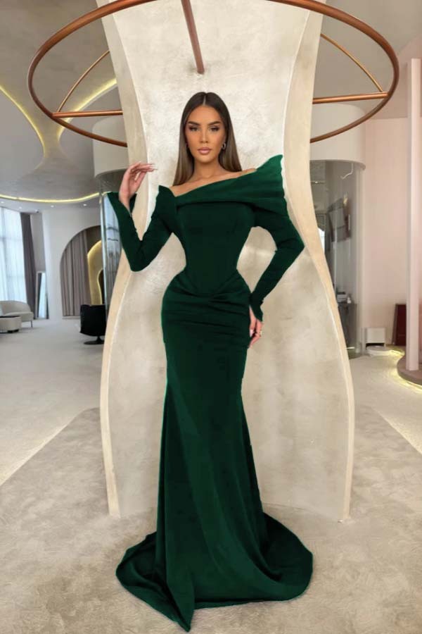 Off the Shoulder Long Sleeves Long Mermaid Prom Dress With Pleated