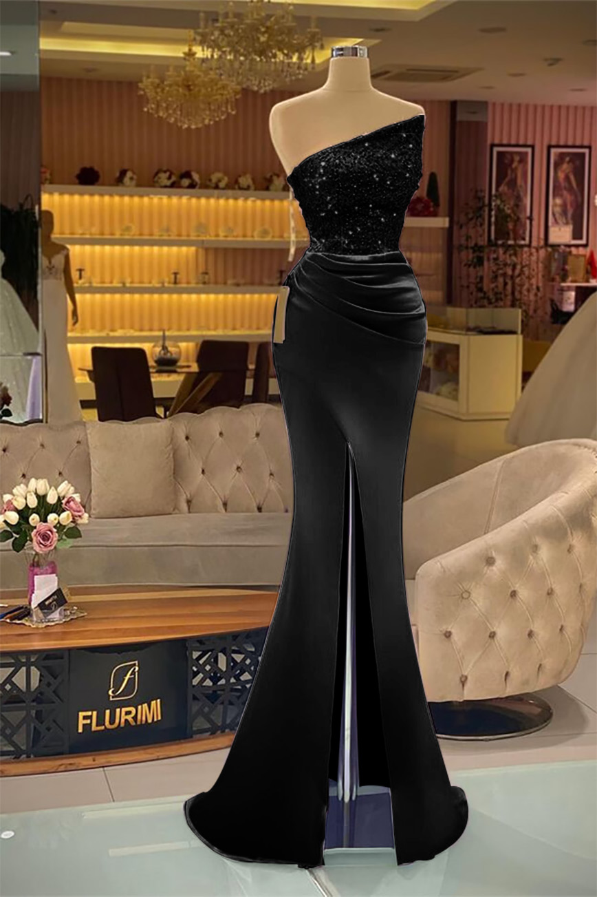 Sleeveless Strapless Mermaid Prom Dress Long Split With Sequins