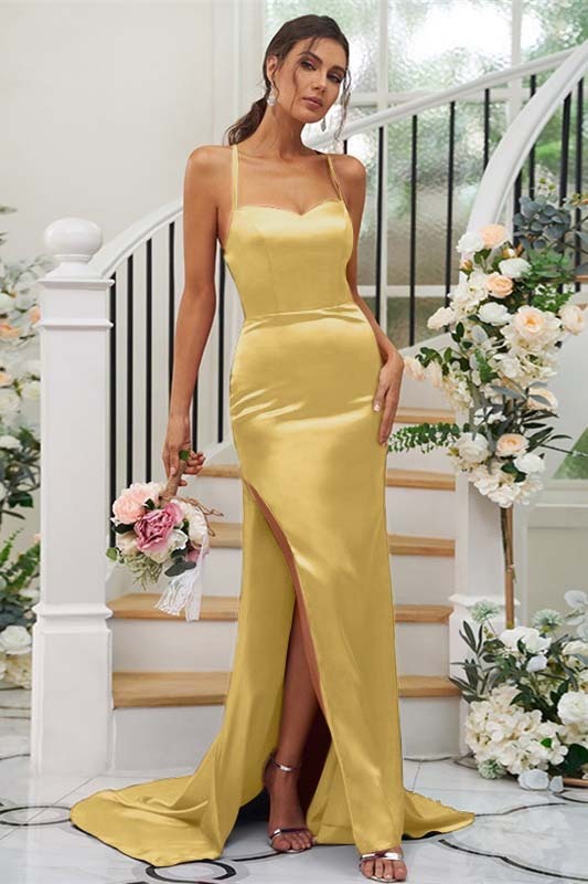 Spaghetti Strap Sleeveless Split Long Prom Dress With Pleated