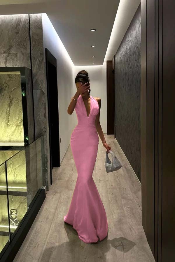 Halter V Neck Sleeveless Long Mermaid Prom Dress With Pleated