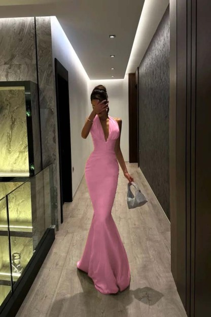 Halter V Neck Sleeveless Long Mermaid Prom Dress With Pleated