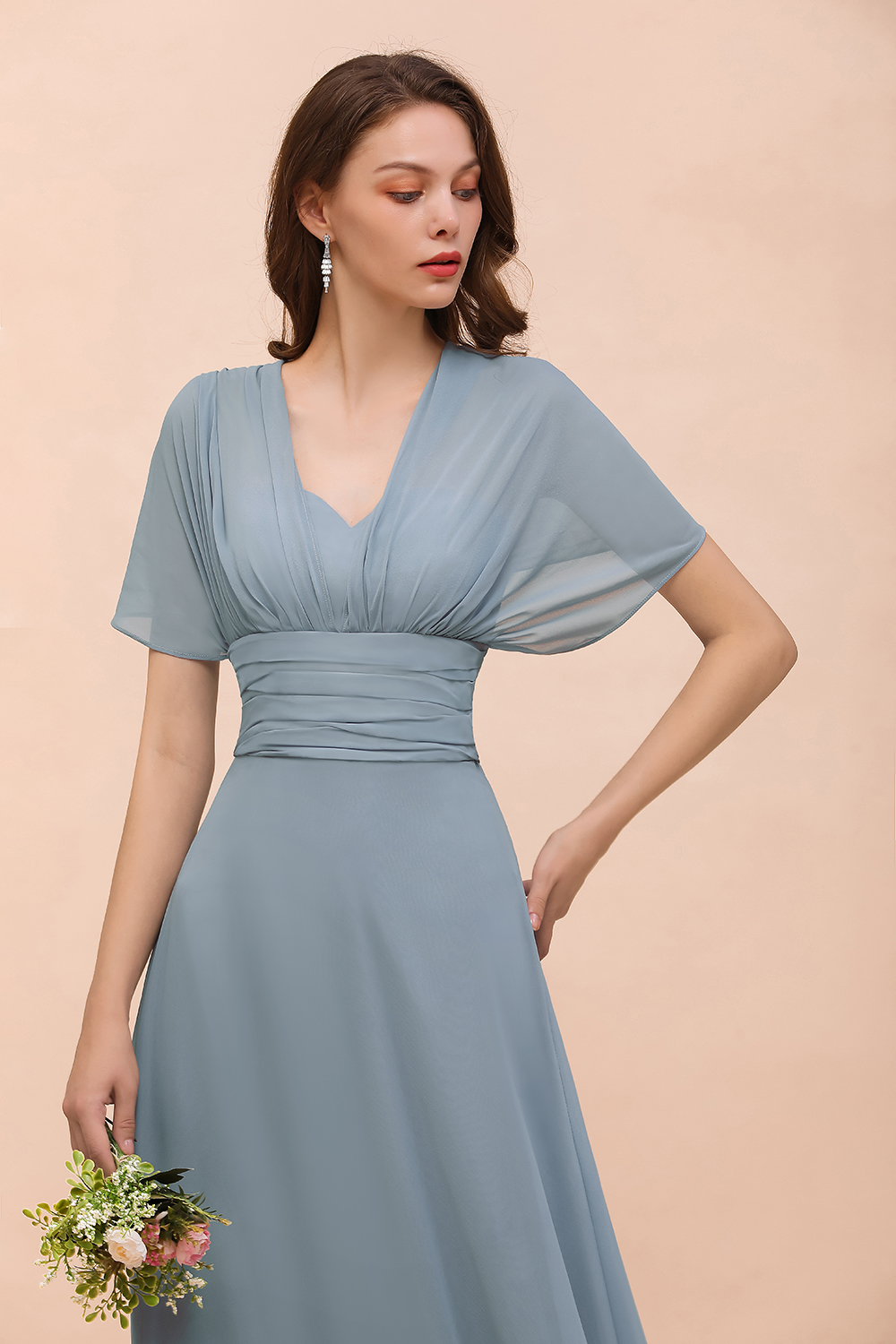 BMbridal New Arrival Dusty Blue Ruched Long Convertible Bridesmaid Dresses-BMbridal