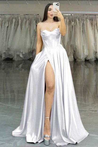 Strapless Sleeveless Long High Split Prom Dress With Pleated