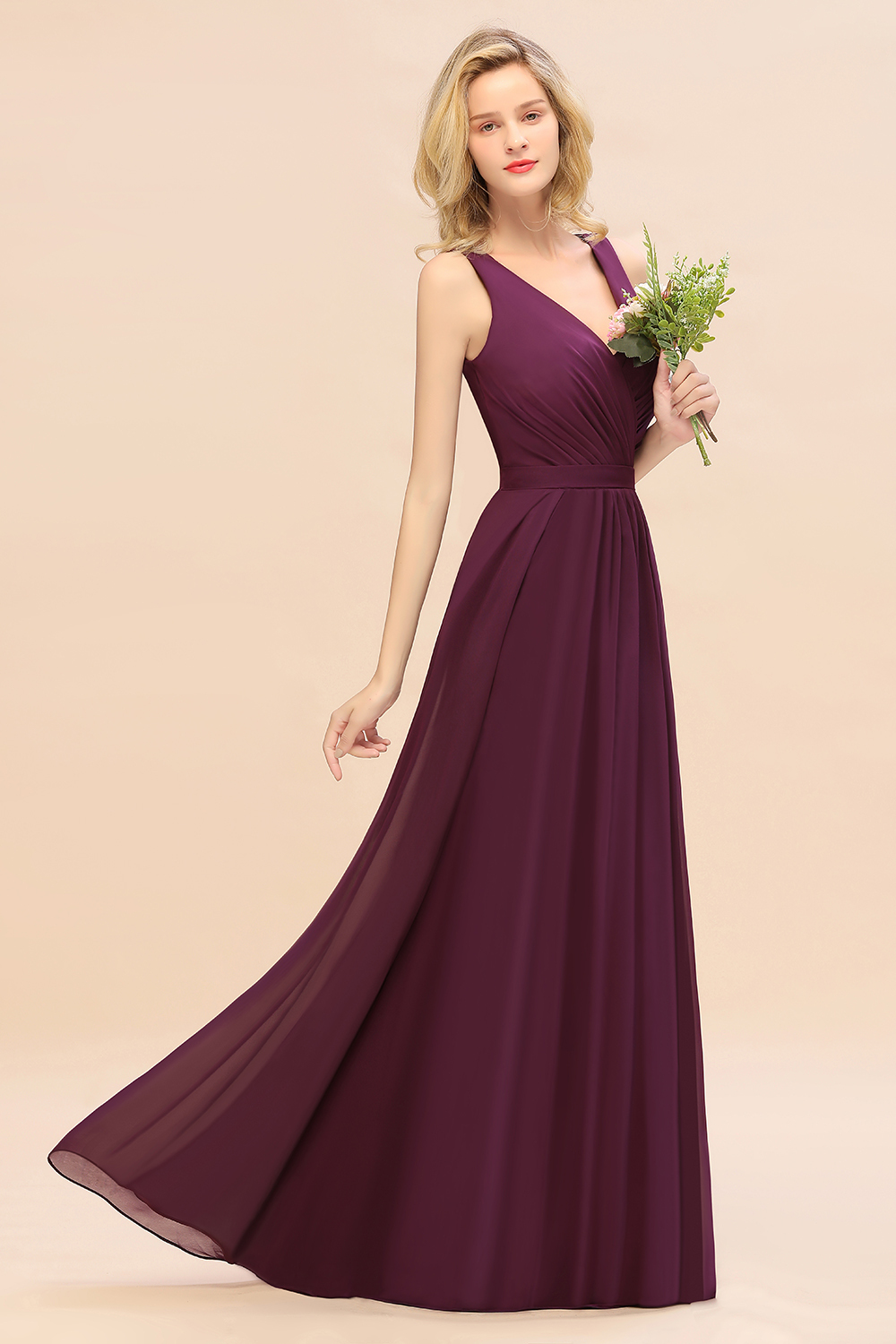 BMbridal Affordable V-Neck Ruffle Long Grape Chiffon Bridesmaid Dress with Bow-BMbridal