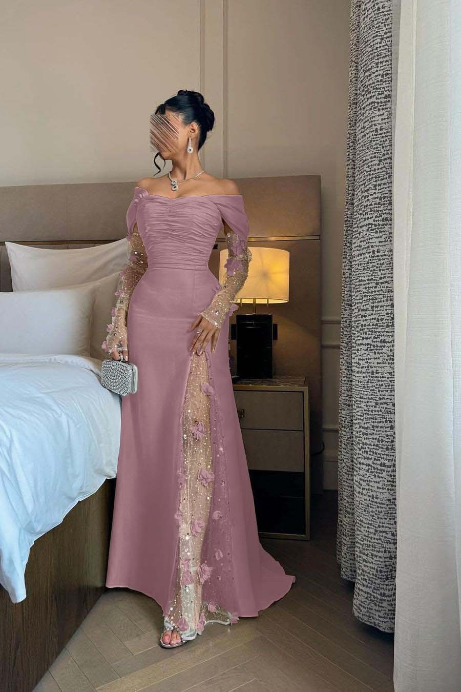 Off the Shoulder Long Sleeves Long Prom Dress With Split Appliques