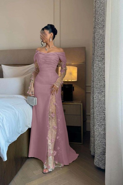 Off the Shoulder Long Sleeves Long Prom Dress With Split Appliques