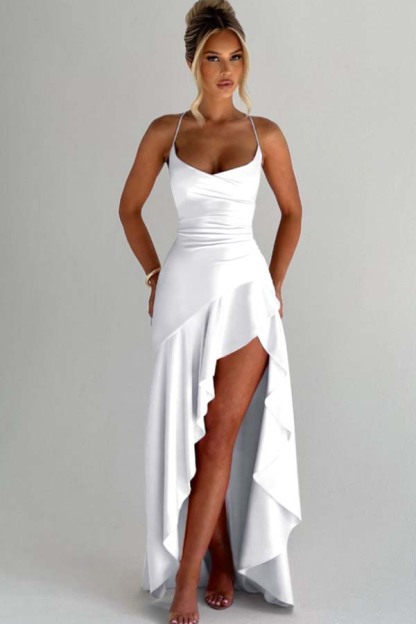 Spaghetti Strap Sleeveless Long Split Prom Dress With Pleated