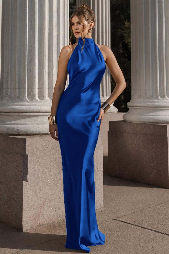 Halter Sleeveless Backless Mermaid Long Prom Dress With Pleated