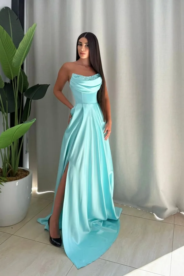 Strapless Sleeveless Long Split Prom Dress With Pleated Sequin