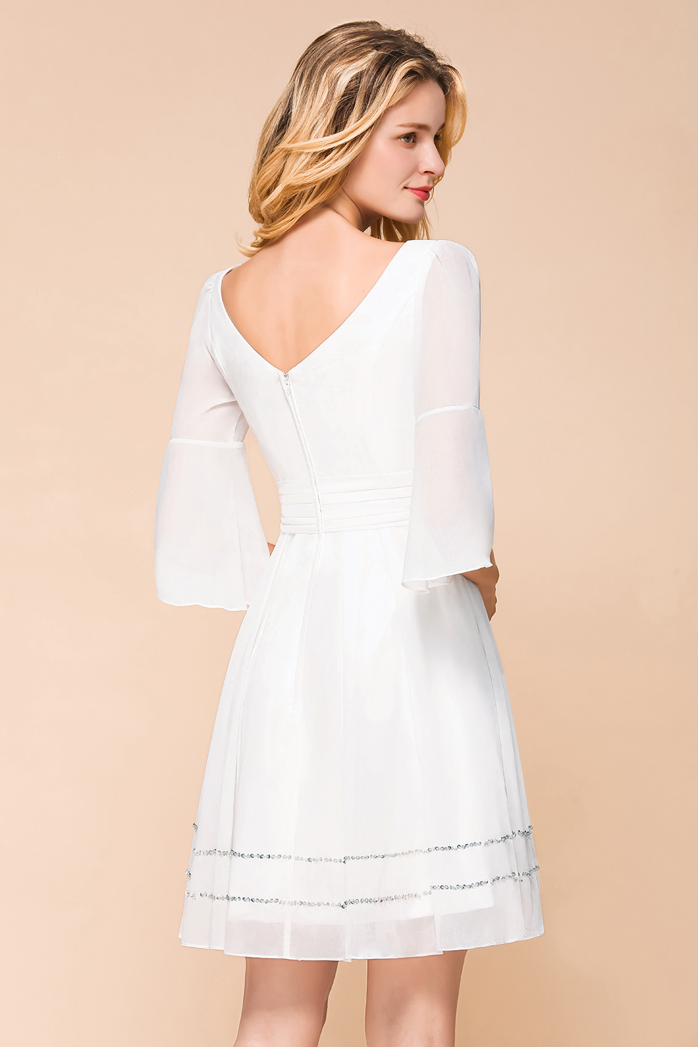 BMbridal Chic V-Neck 3/4 Sleeves Short White Bridesmaid Dress with Sequins-BMbridal
