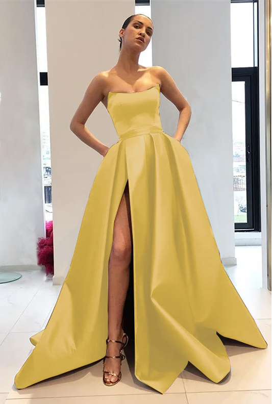 Chic Strapless Burgundy Sleeveless A Line Long Prom Dress With Front Split