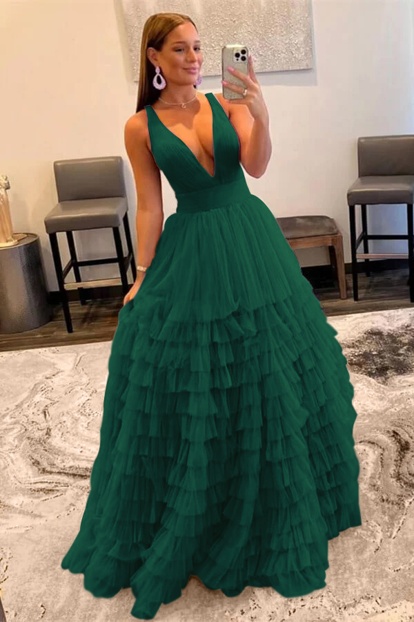 Elegant Deep V Neck Tulle layers Prom Dress With Sleeveless Online Lilac