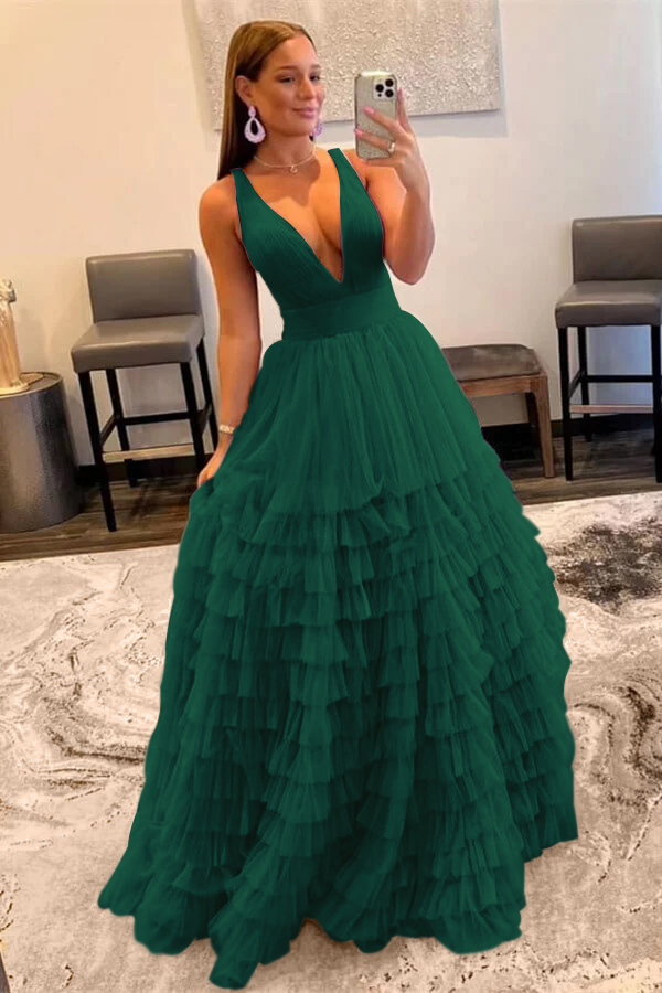 Elegant Deep V Neck Tulle layers Prom Dress With Sleeveless Online Lilac