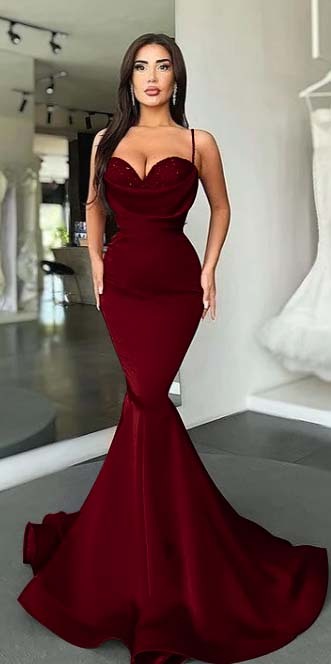 Mermaid Red Spaghetti Strap Sleeveless Sweetheart Prom Dress With Sequins