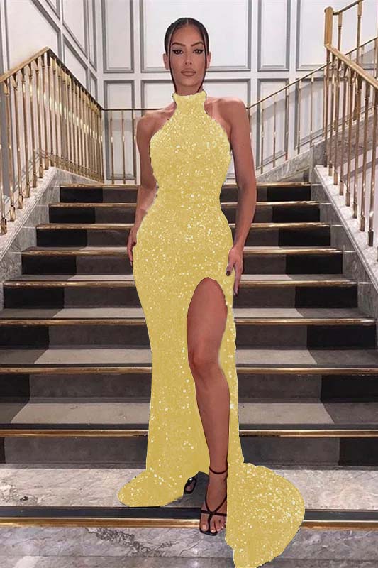 Charming Black Halter Sequins Sleeveless Mermaid Prom Dress With Front Split