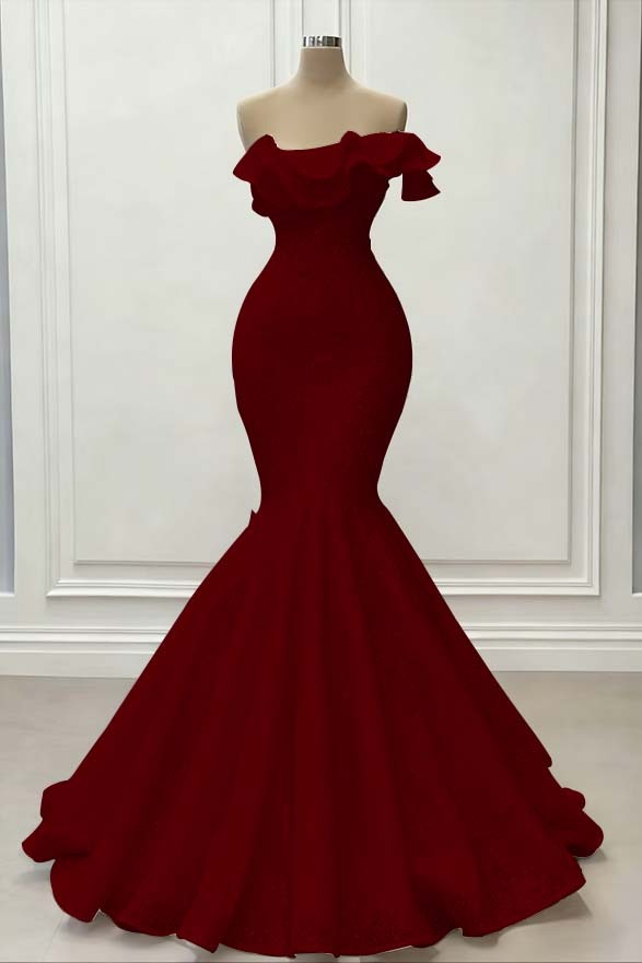 Red Gorgeous Strapless Mermaid Sequins Prom Dress With Embroidery On Sale