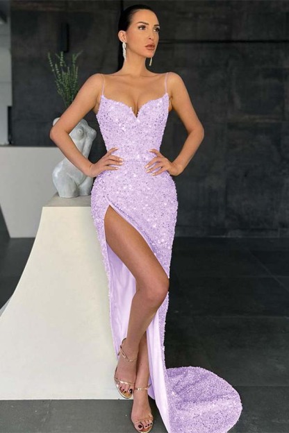 Charming Mermaid Spaghetti Strap Sleeveless Sequins Prom Dress High Split