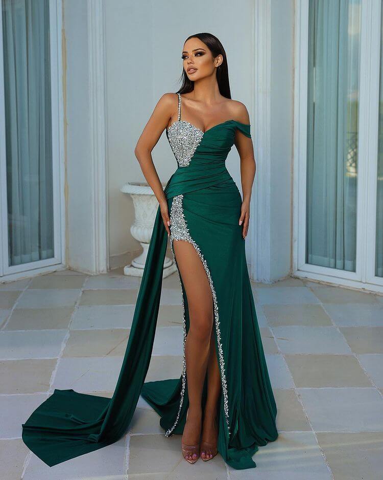 Chic Dark Green One Shoulder Sweetheart Mermaid Prom Dress Satin Split With Beads Ruffles