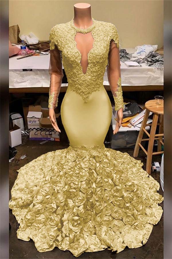 Elegant Mermaid V Neck Prom Dress Appliques Long Sleeves With Flowers Bottom