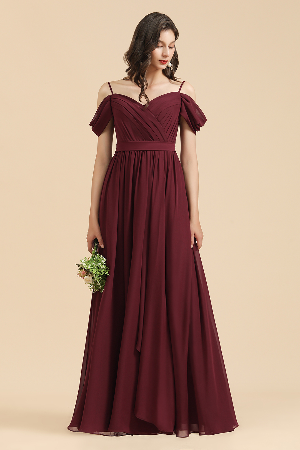 Off-the-Shoulder Sweetheart Burgundy Long Bridesmaid Dress With Slit-BMbridal