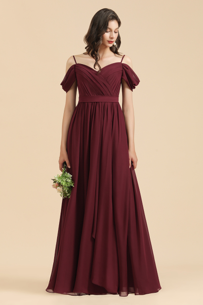 Off-the-Shoulder Sweetheart Burgundy Long Bridesmaid Dress With Slit-BMbridal