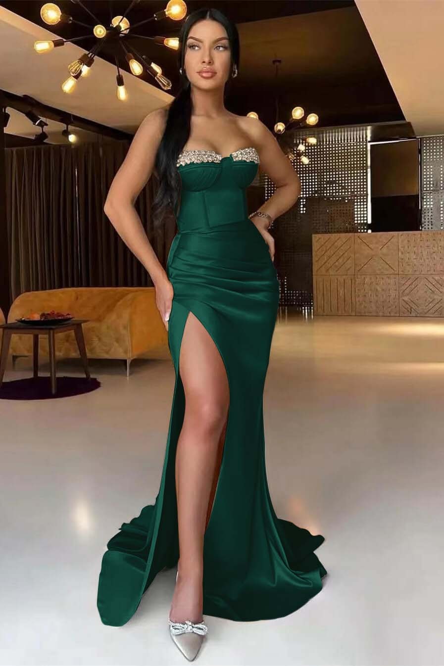 Gorgeous Dark Champagne Strapless Mermaid Long Prom Dress Split With Pleated Ruffles Beads