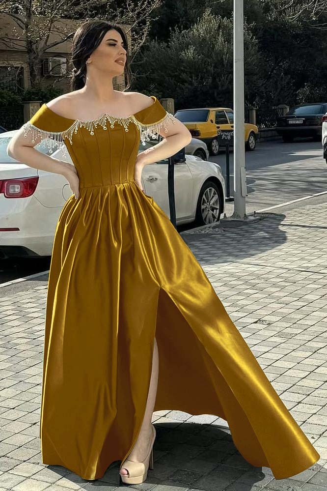Off the Shoulder Sleeveless Long Split Prom Dress With Pleated Beading