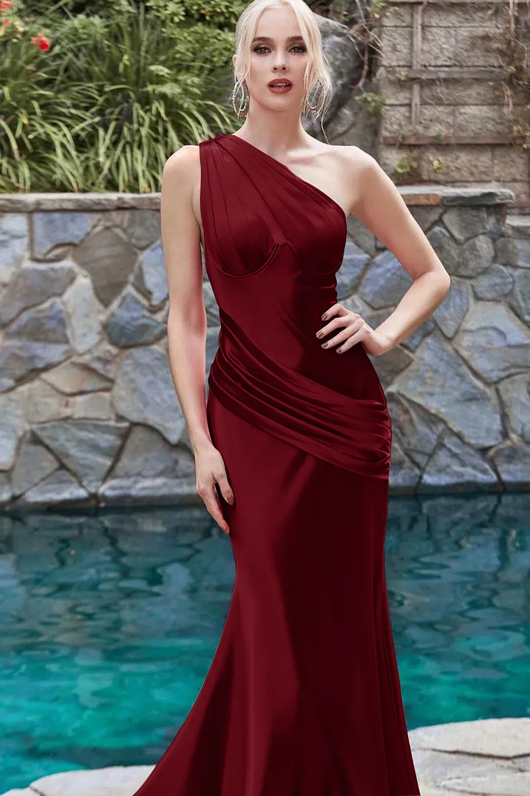 Simple Fuchsia One Shoulder Sleeveless Mermaid Prom Dress with Pleated