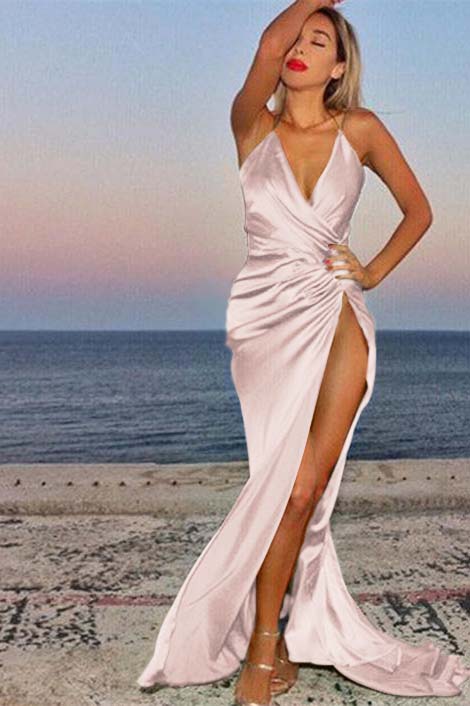 Green Deep V Neck Mermaid Prom Dress Pleated Sleeveless With High Split