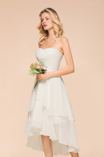 BMbridal Affordable Hi-Lo Layer Ruffle Ivory Short Bridesmaid Dress with Flower-BMbridal