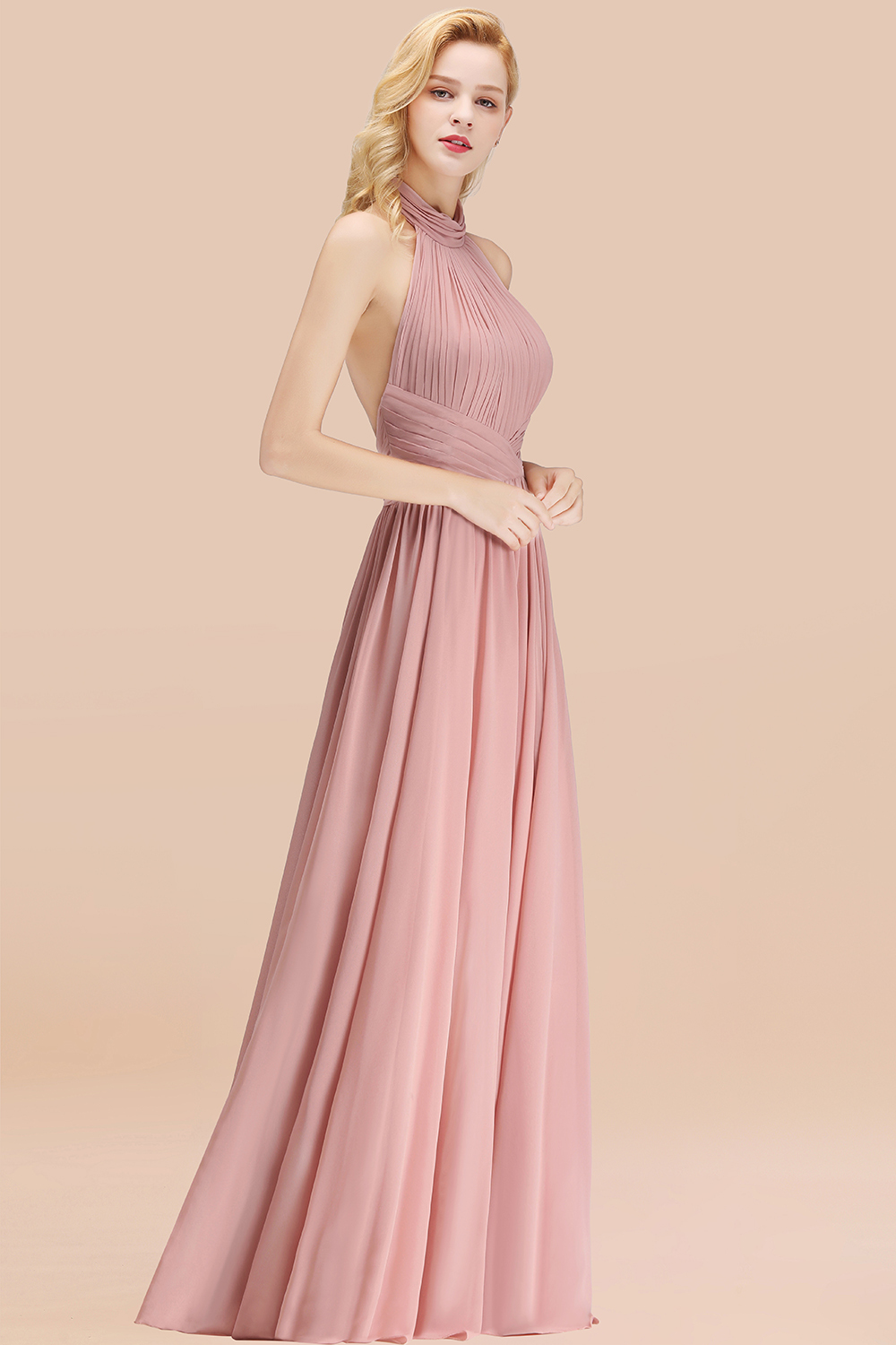 BMbridal Gorgeous High-Neck Halter Backless Bridesmaid Dress Dusty Rose Chiffon Maid of Honor Dress-BMbridal