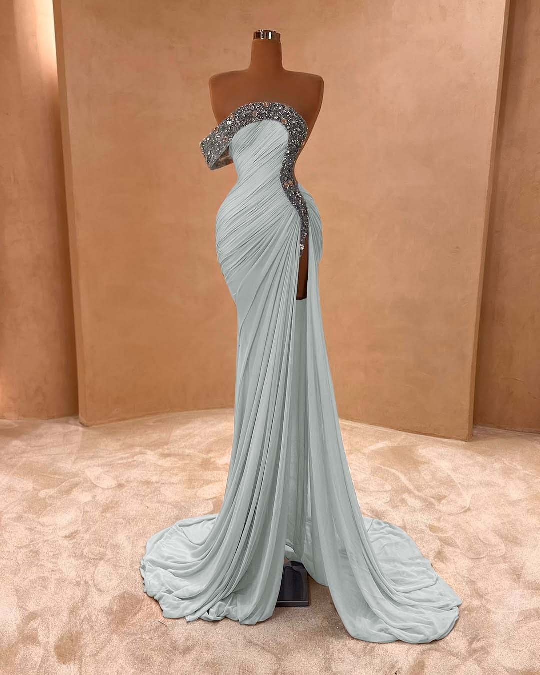 One Shoulder Sleeveless Long Split Prom Dress With Pleated Sequins