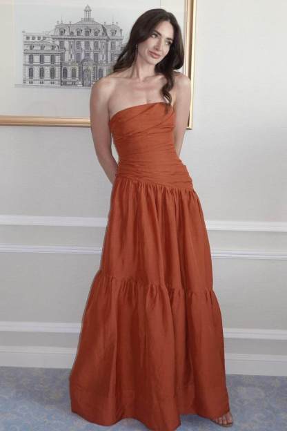 Strapless Sleeveless A Line Long Prom Dress With Pleated Pockets