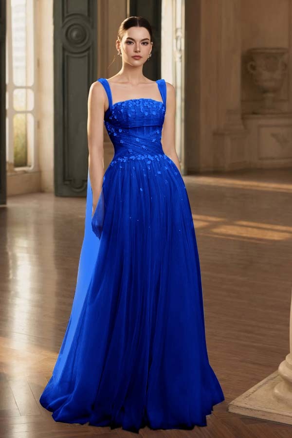 Stunning Tulle Straps Sleeveless Long Prom Dress With Beading