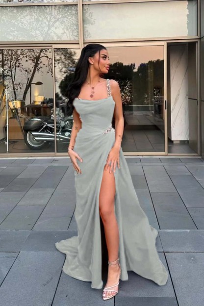 Spaghetti Strap Sleeveless Long Prom Dress With Split Beading