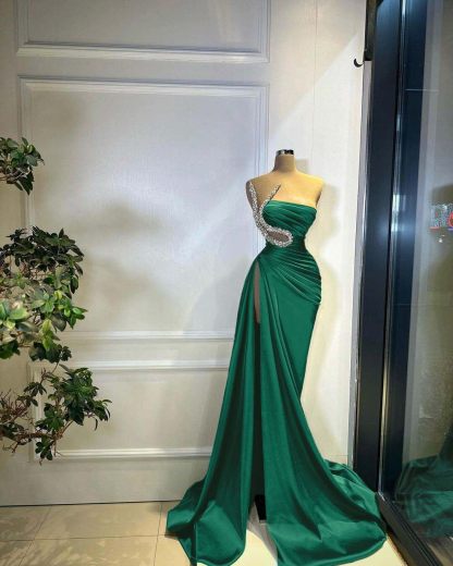 Strapless Sleeveless Long Mermaid Split Prom Dress With Beading