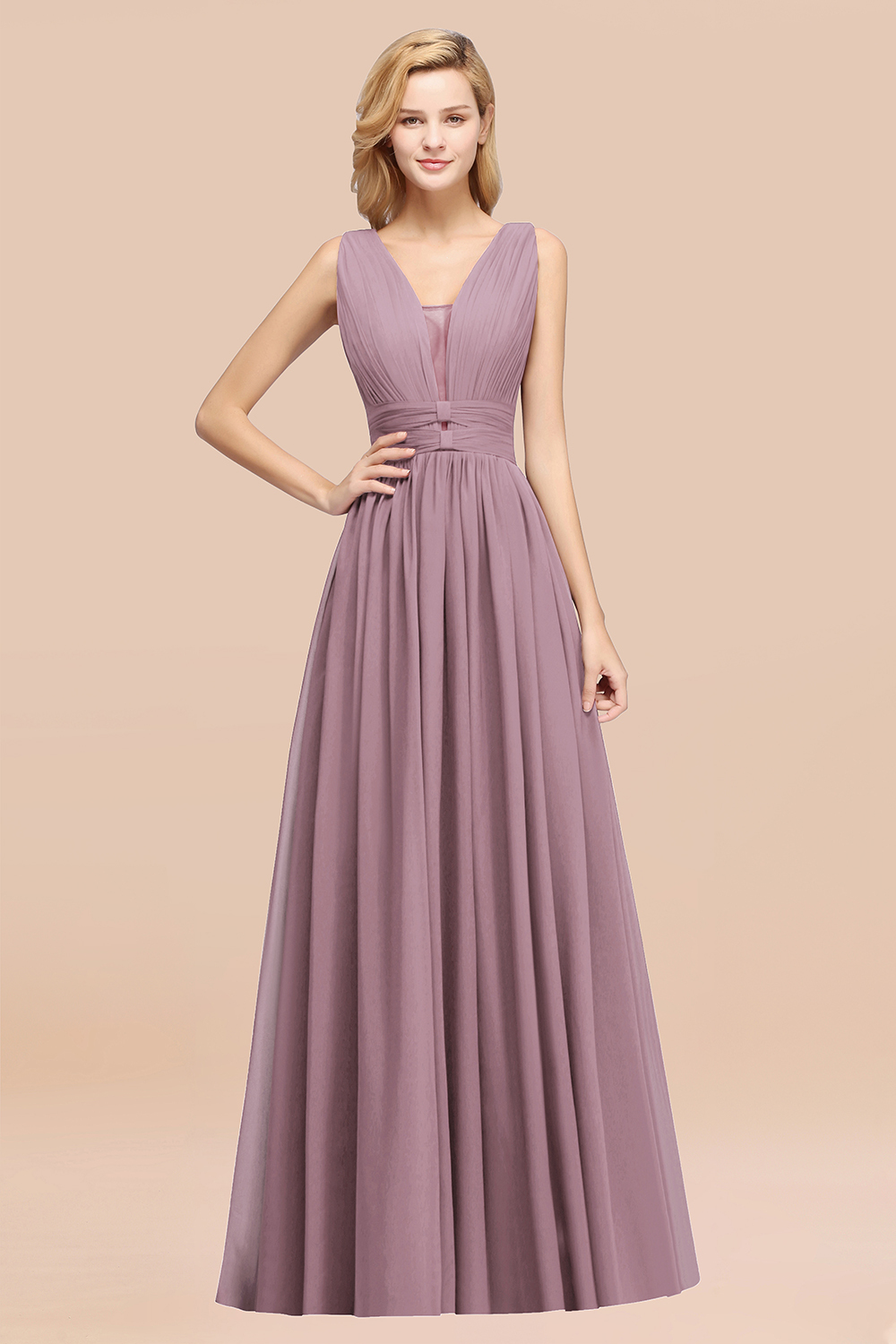 BMbridal Modest Dark Green Long Bridesmaid Dress Deep V-Neck Chiffon Maid of Honor Dress-BMbridal