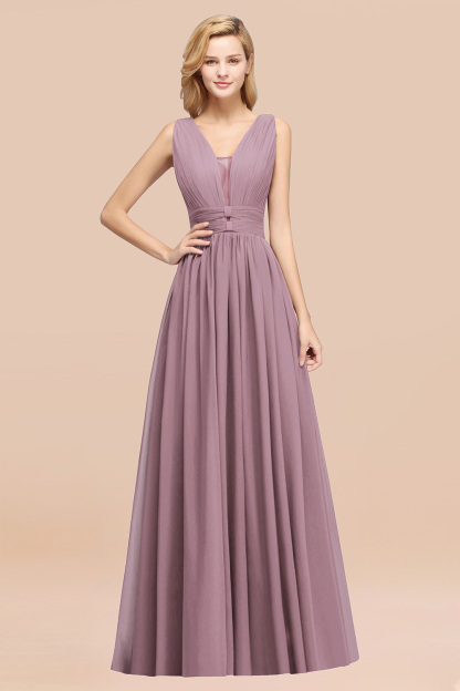 BMbridal Modest Dark Green Long Bridesmaid Dress Deep V-Neck Chiffon Maid of Honor Dress-BMbridal