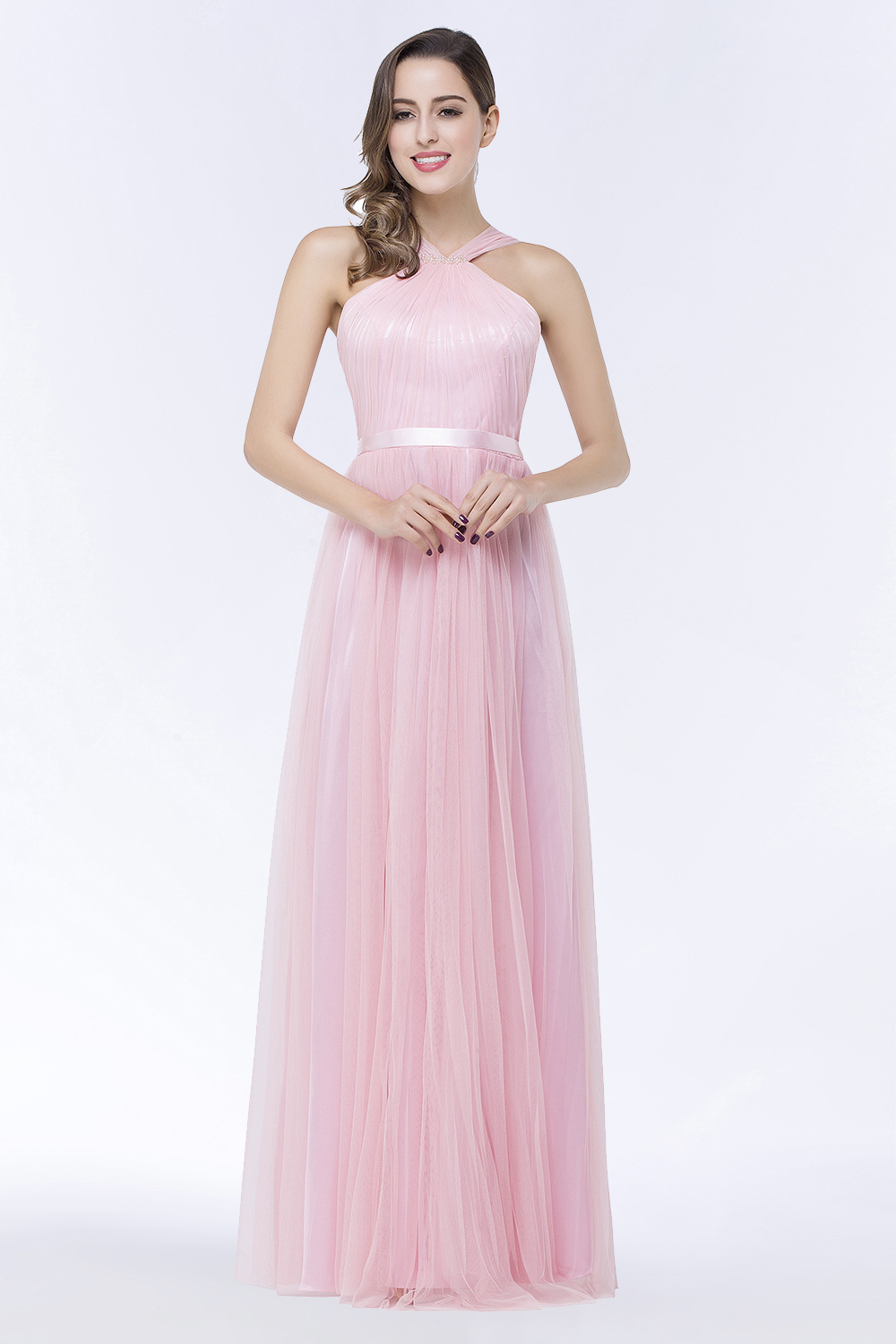 BMbridal Chic Tulle Ruffle Halter Sleeveless Pearls Bridesmaid Dress with Sash-BMbridal