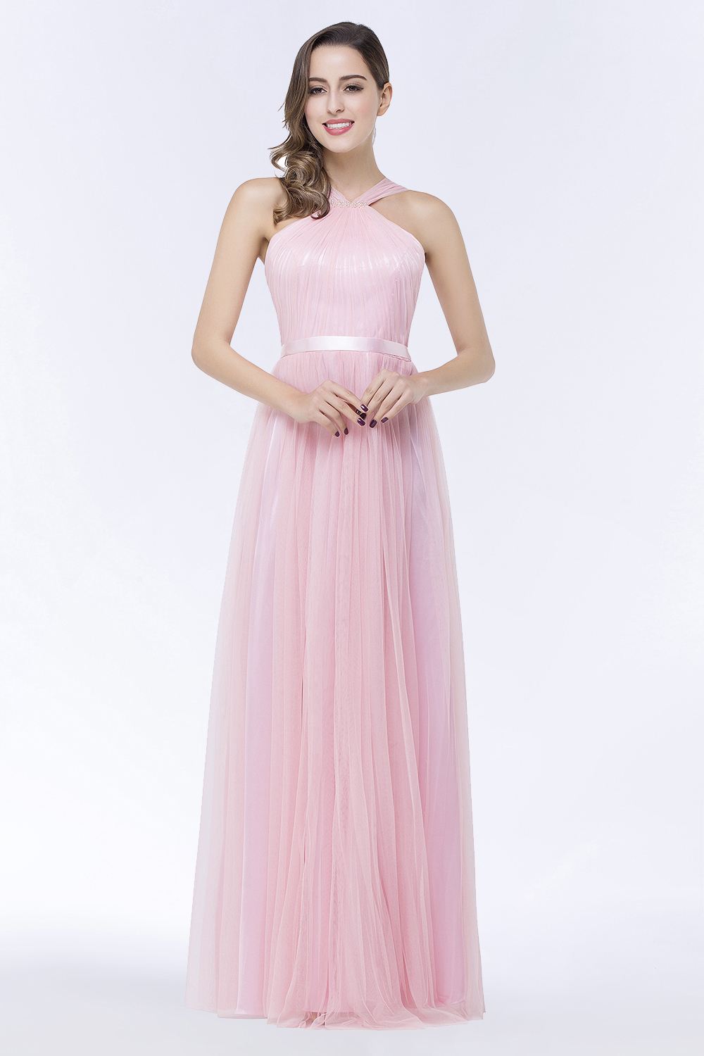 BMbridal Chic Tulle Ruffle Halter Sleeveless Pearls Bridesmaid Dress with Sash-BMbridal